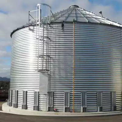 Large corrugated steel tank with a ladder, roof, and water level indicator.